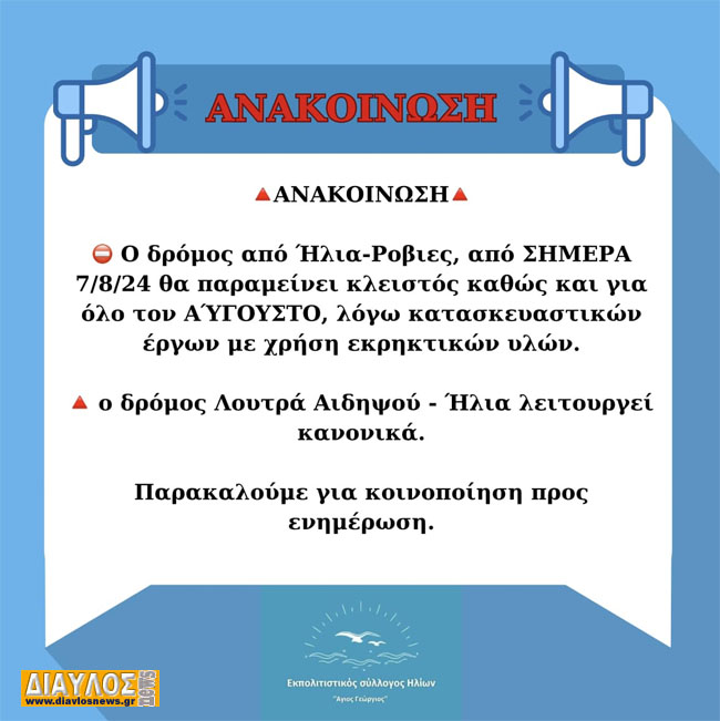 Ανοιχτός ο δρόμος Λουτρά Αιδηψού - Ήλια